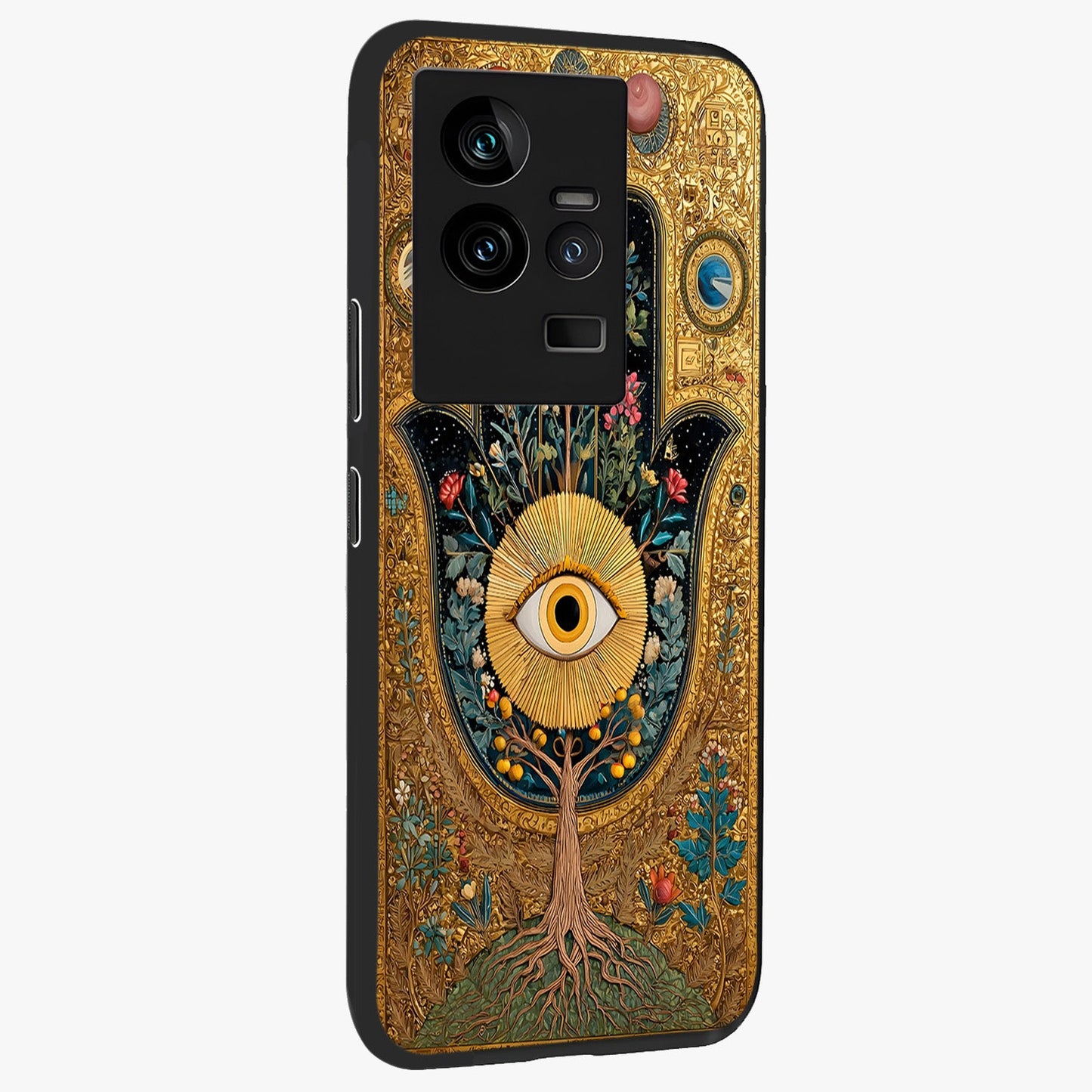 Ethereal Evil Eye Glass Case upright view showcasing celestial evil eye artwork with mystical theme.