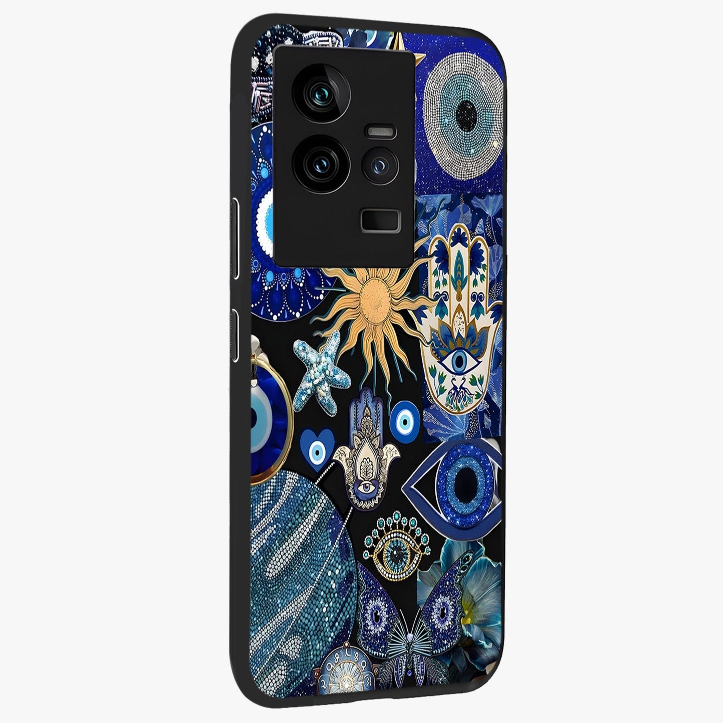 Evil Eye Charm Mix Glass Case upright view showcasing mystical evil eye pattern with vibrant decorative style.