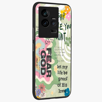 Faith Over Fear Glass Case upright view showcasing bold typography artwork with uplifting motivational theme.