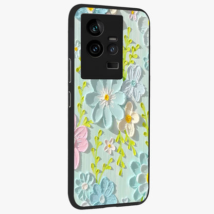 Frosted Petal Garden Glass Case upright view showcasing elegant floral garden artwork with soothing pastel theme.