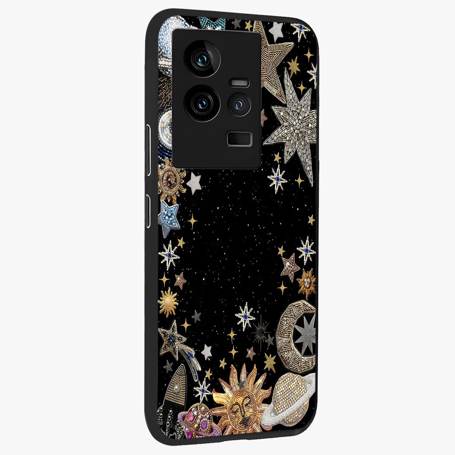 Galactic Jewel Stars Glass Case upright view showcasing glittering star jewel artwork with vibrant galaxy theme.