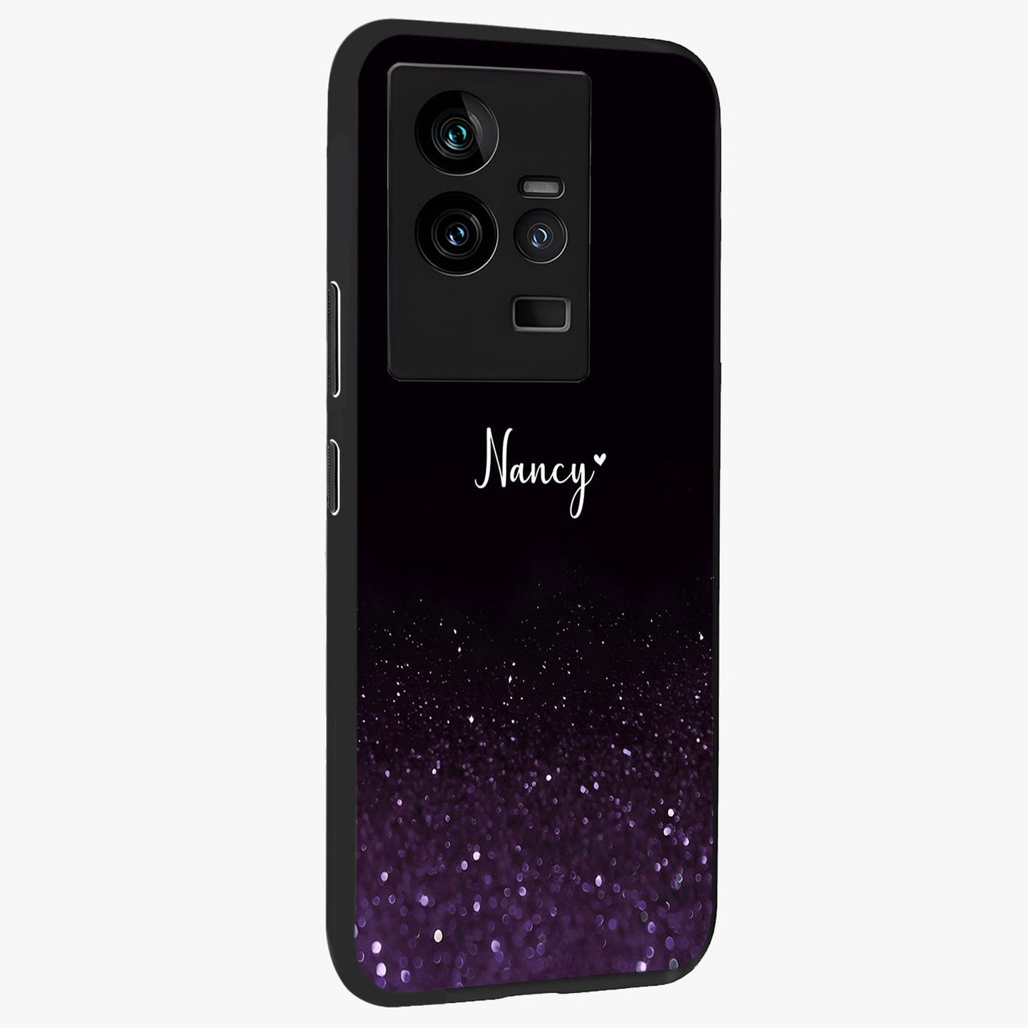 Glittery Purple Bokeh Custom Name Glass Case upright view showcasing vibrant purple sparkle artwork with personalized aesthetic style.
