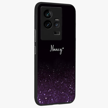 Glittery Purple Bokeh Custom Name Glass Case upright view showcasing vibrant purple sparkle artwork with personalized aesthetic style.