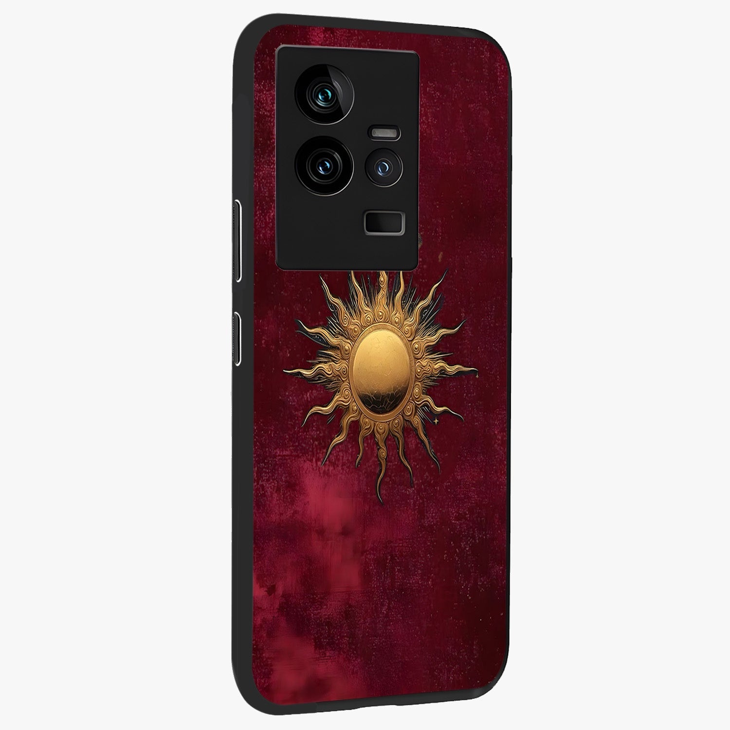 Golden Sun Minimalism Glass Case upright view showcasing simple golden sun artwork with elegant minimalist style.