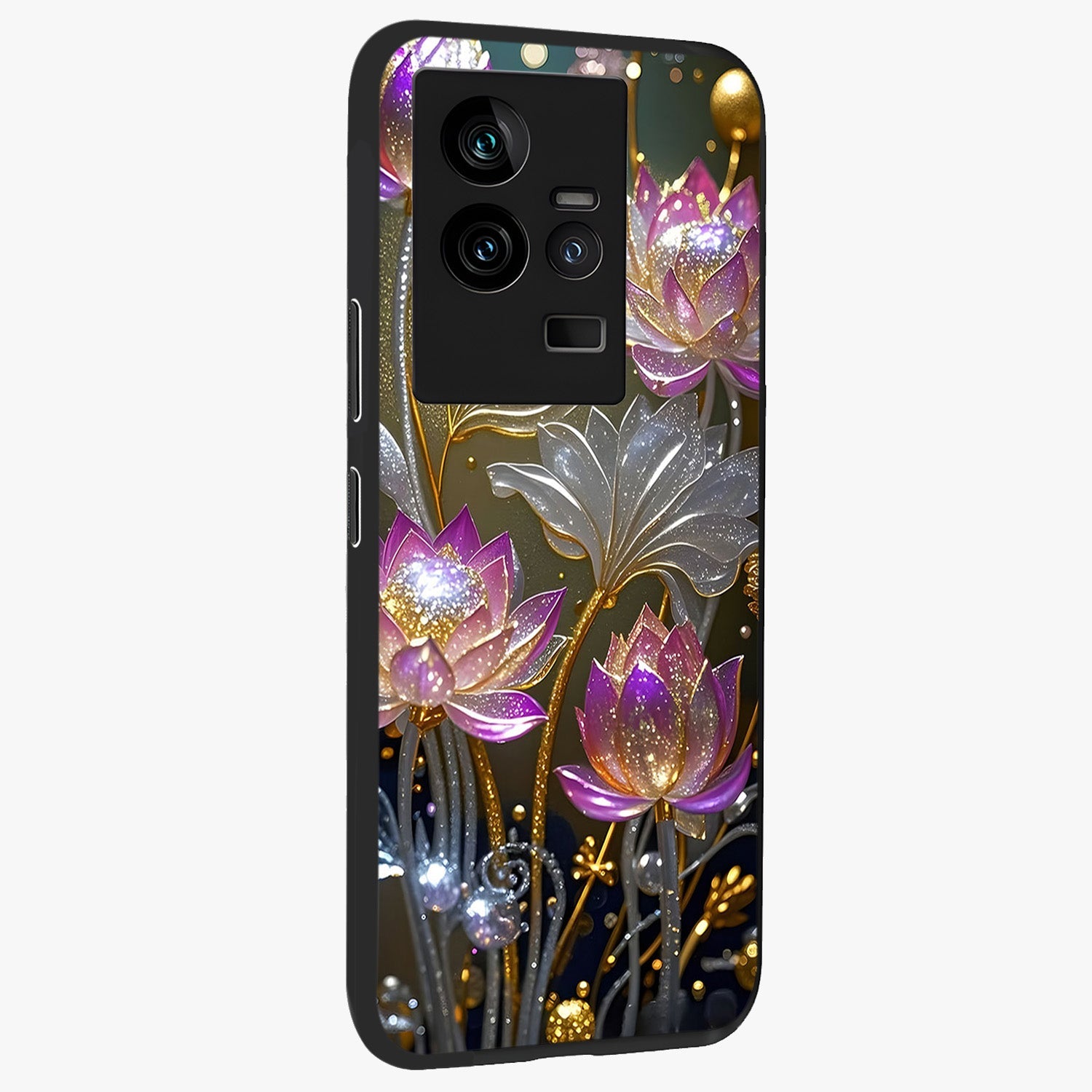 Golden Floral Majesty Glass Case upright view showcasing majestic floral artwork with rich decorative theme.