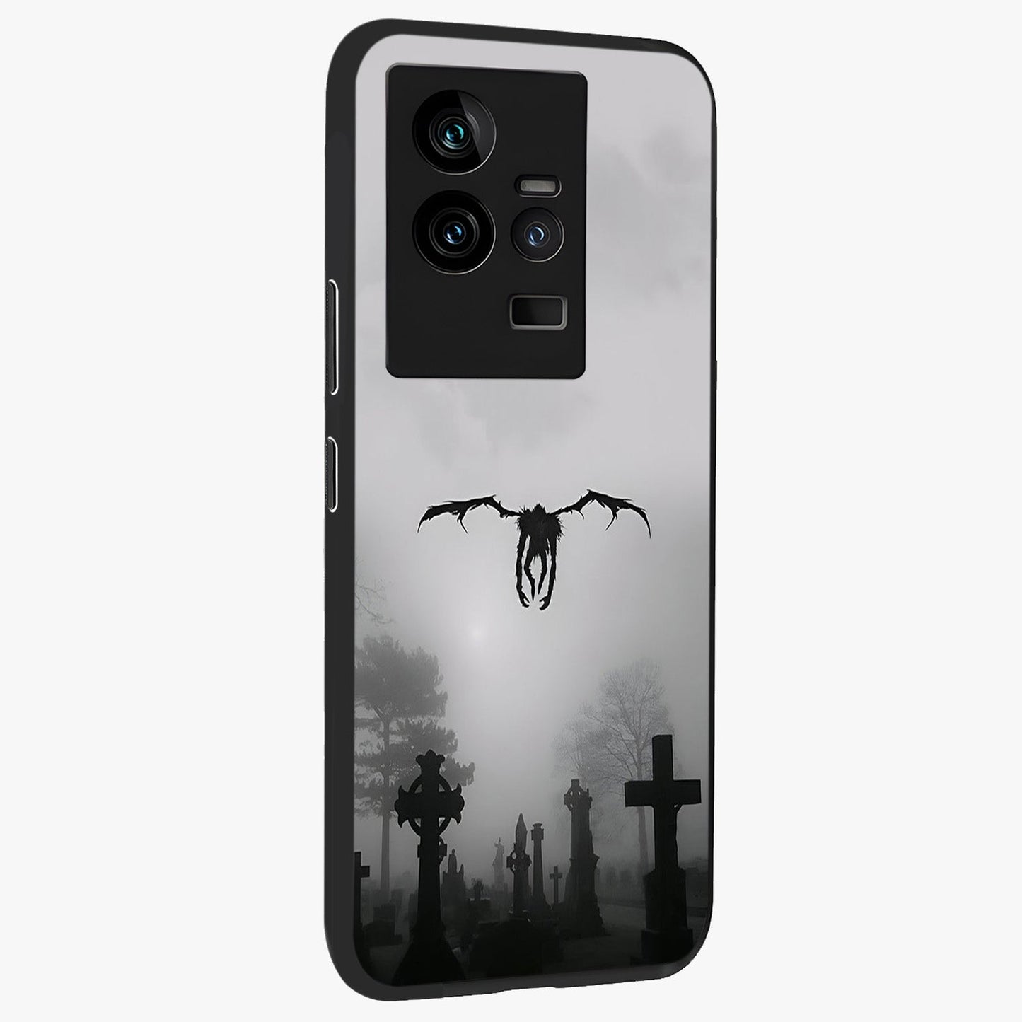 Graveyard Shadow Descent Glass Case upright view showcasing haunting graveyard artwork with dramatic dark theme.