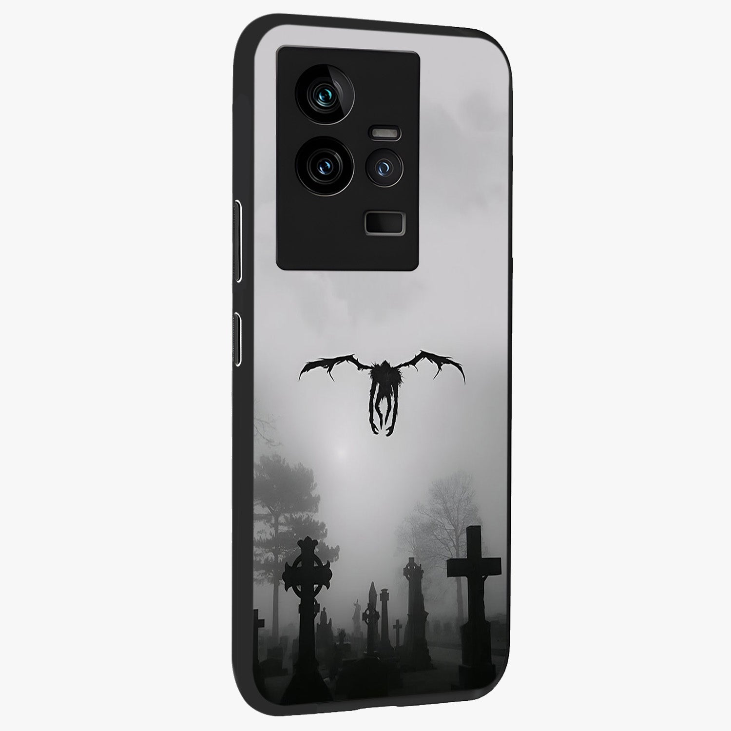 Graveyard Shadow Descent Glass Case upright view showcasing haunting graveyard artwork with dramatic dark theme.