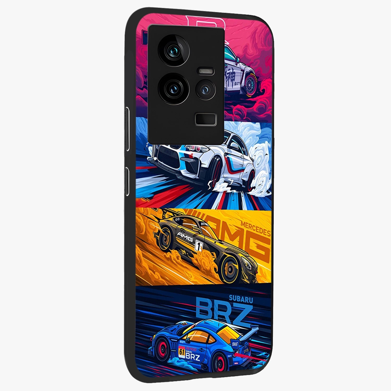 JDM Sports Car Glass Case upright view showcasing dynamic sports car artwork with bold racing theme.