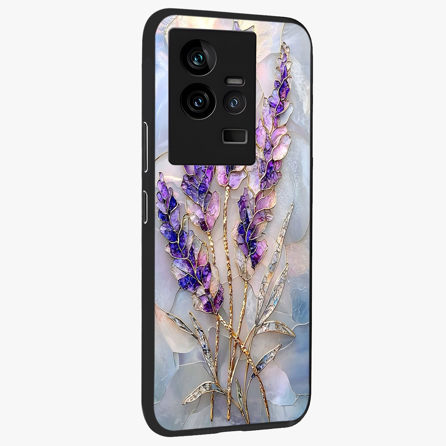 Lavender Dream Glow Glass Case upright view showcasing radiant lavender glow artwork with calming dreamy theme.