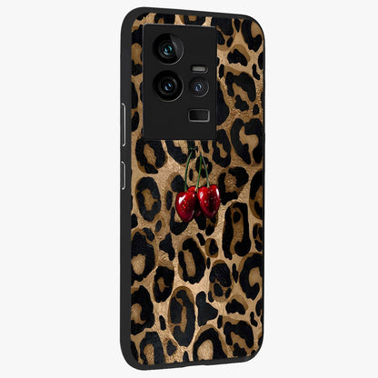 Leopard Wild Cherry Glass Case upright view showcasing stylish leopard pattern artwork with trendy fashion theme.