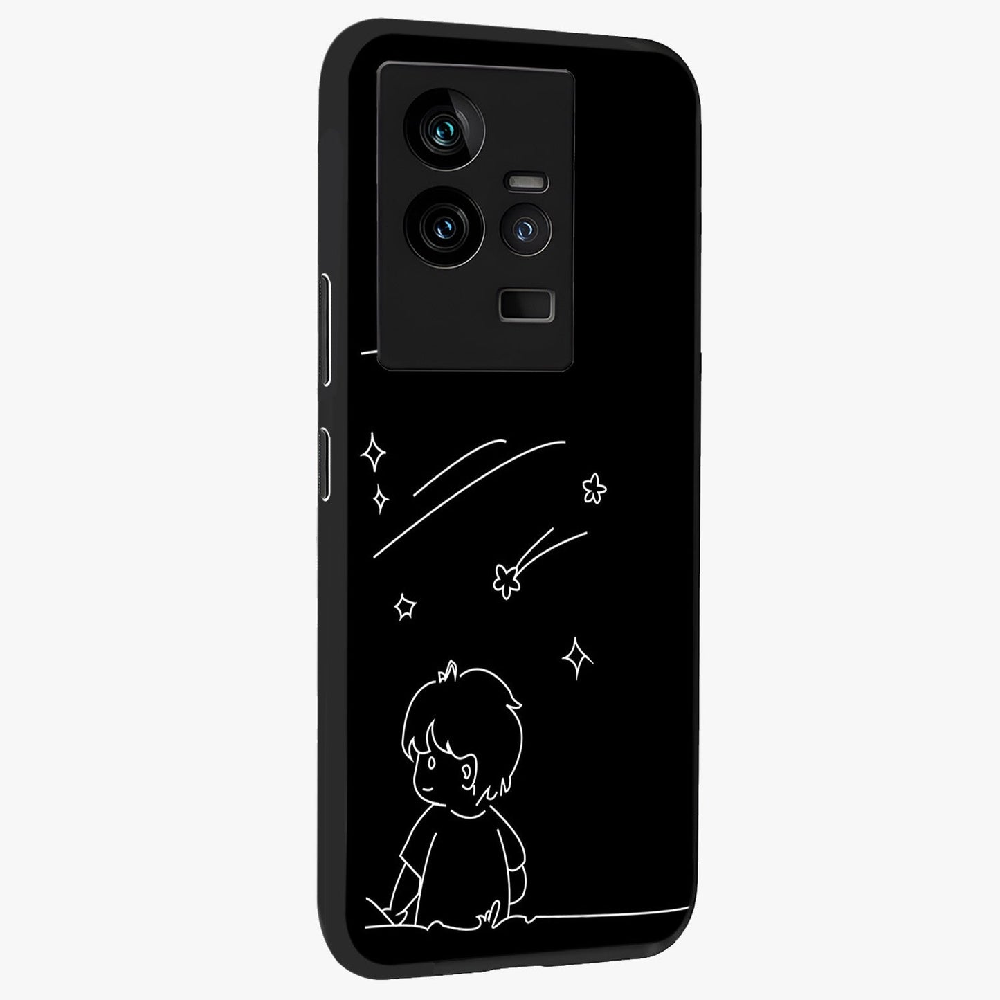 Line Art Boy With Shooting Stars Glass Case upright view showcasing artistic shooting star illustration with minimal style.