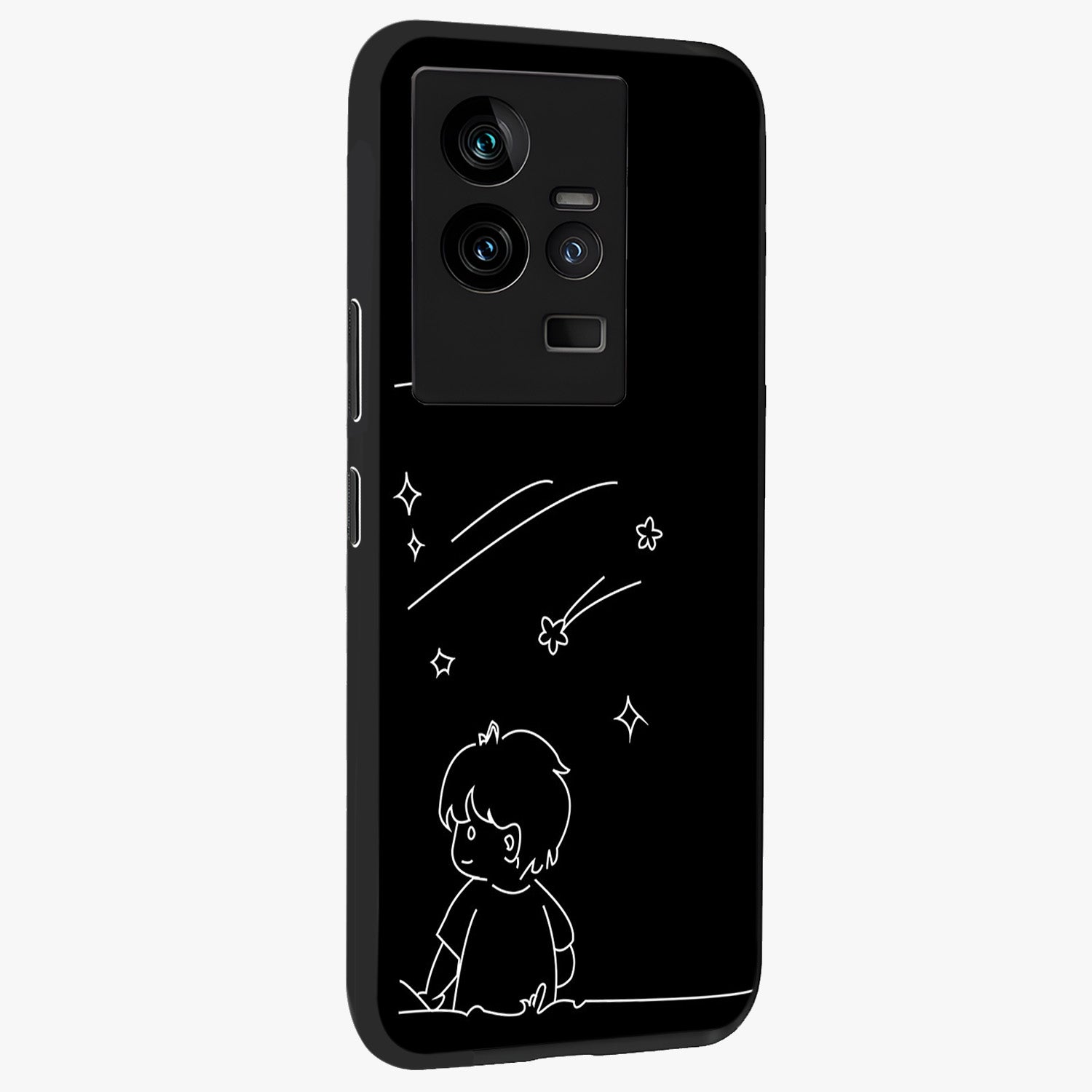 Line Art Boy With Shooting Stars Glass Case upright view showcasing artistic shooting star illustration with minimal style.