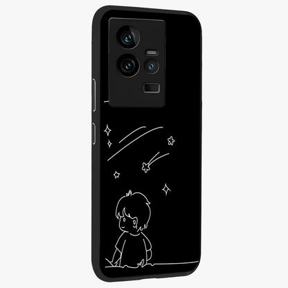 Line Art Boy With Shooting Stars Glass Case upright view showcasing artistic shooting star illustration with minimal style.