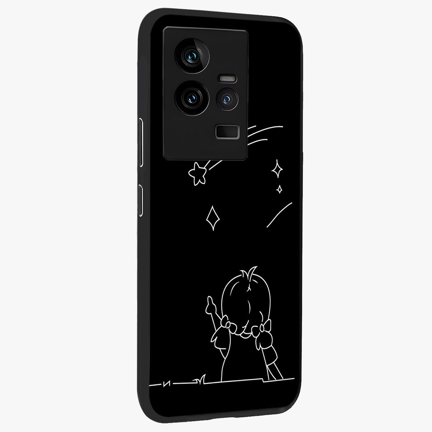 Line Art Girl With Shooting Stars Glass Case upright view showcasing delicate shooting stars artwork with minimal artistic theme.