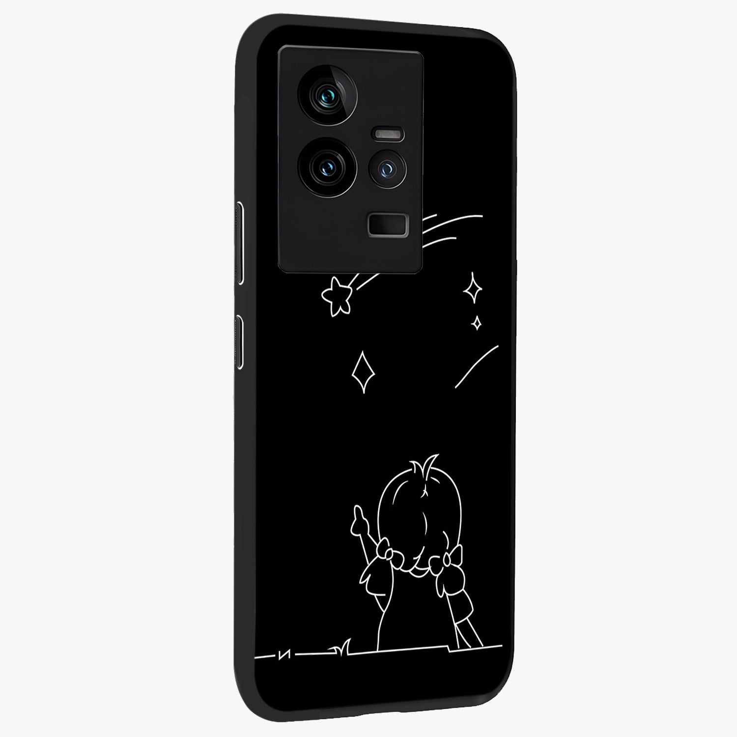 Line Art Girl With Shooting Stars Glass Case upright view showcasing delicate shooting stars artwork with minimal artistic theme.
