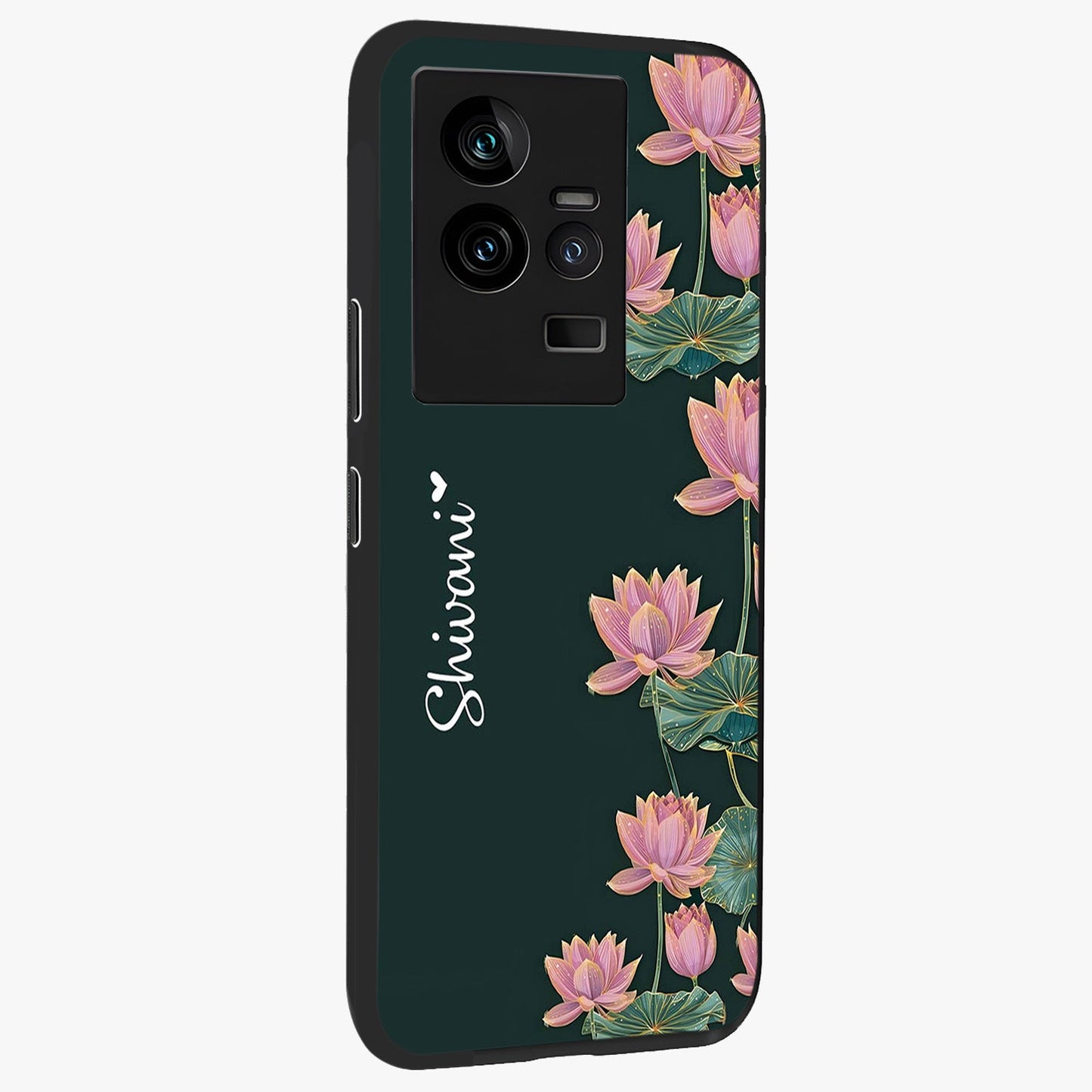 Lotus Bloom Serenity Custom Name Glass Case upright view showcasing serene lotus bloom artwork with personalized floral aesthetic.