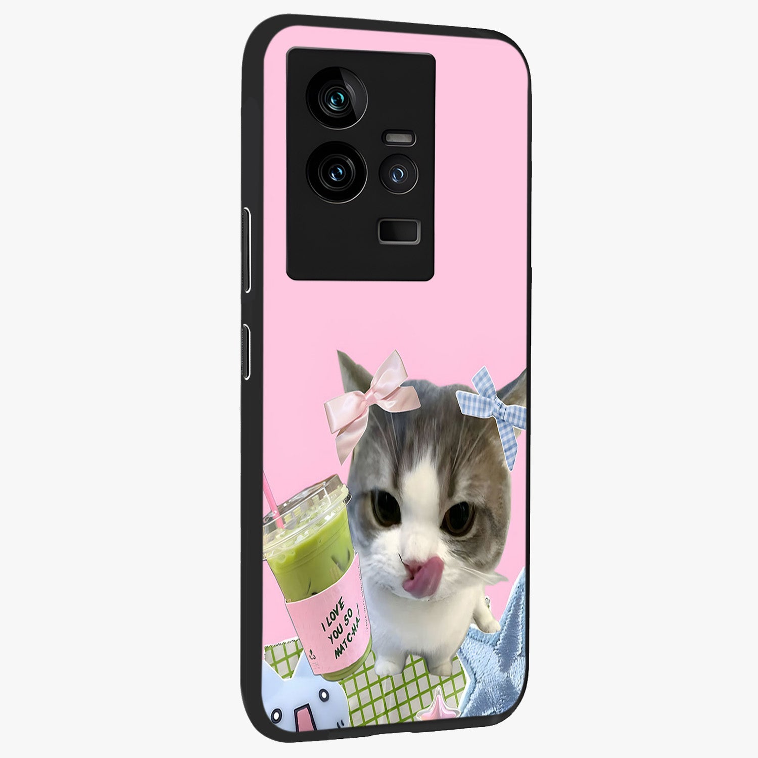 Love Matcha Cat Glass Case upright view showcasing adorable cat artwork with charming matcha themed design.
