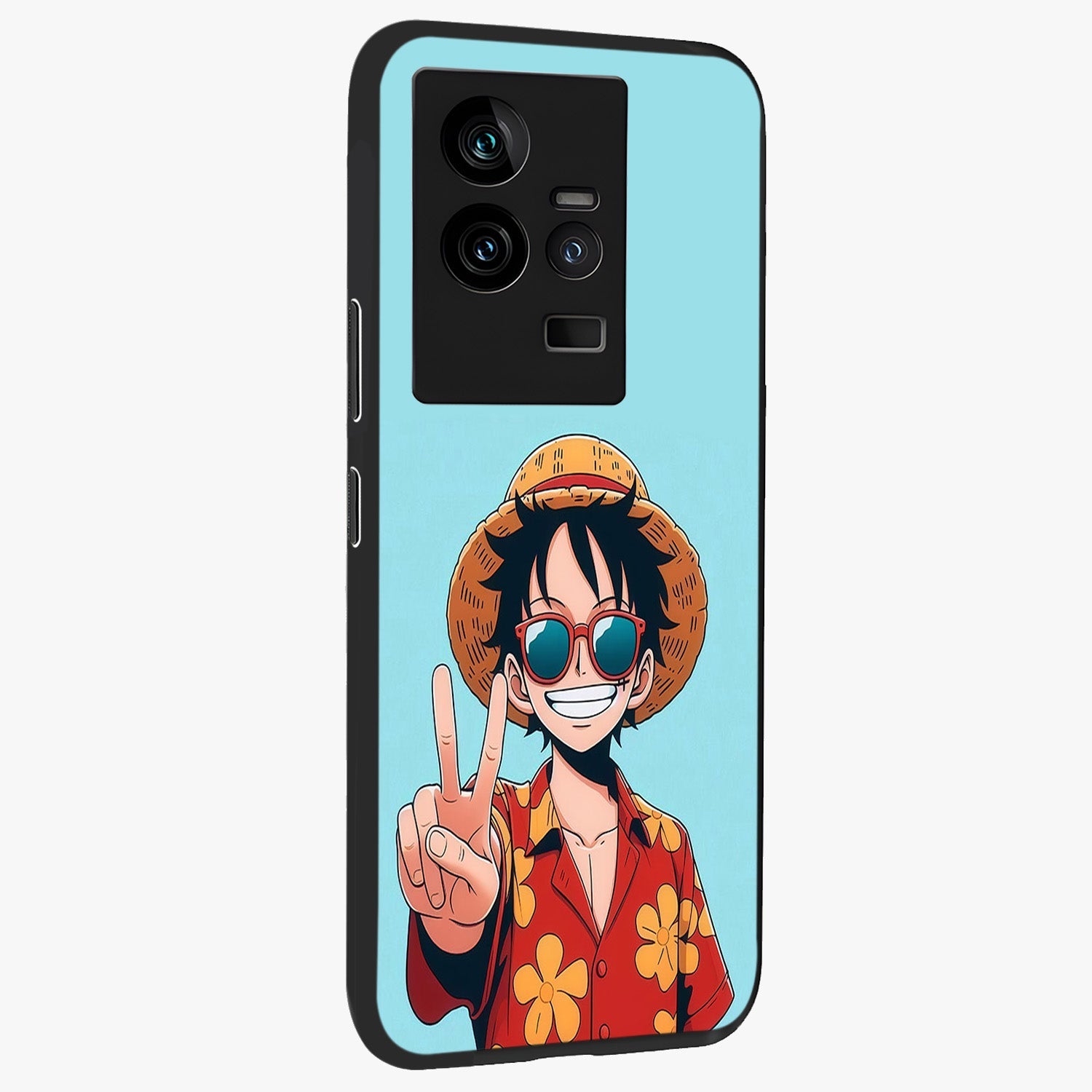 Luffy Summer Anime Vibe Glass Case upright view showcasing dynamic anime artwork with bright adventurous theme.