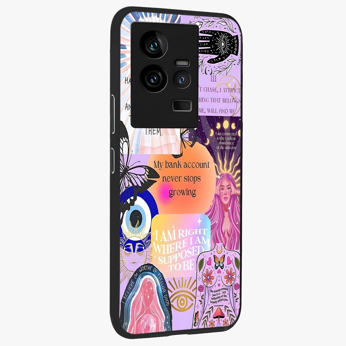 Manifestation Collage Glass Case upright view showcasing artistic manifestation themed artwork with creative style.