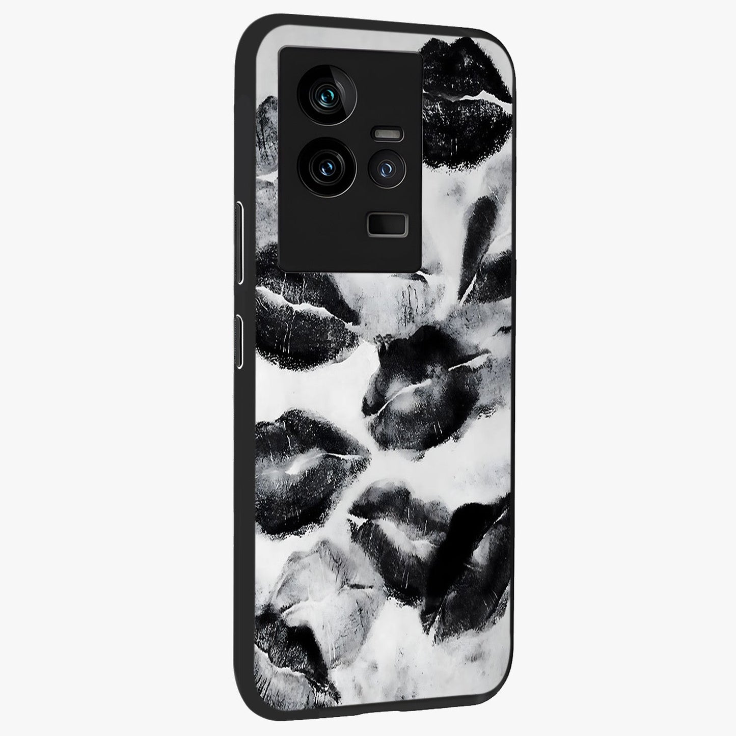 Midnight Kiss Marks Glass Case upright view showcasing stylish kiss mark artwork with trendy romantic theme.