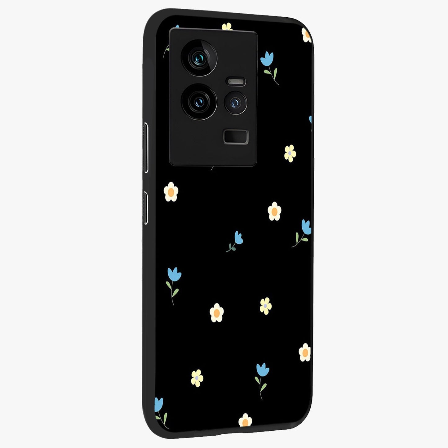 Minimal Petal Whispers Glass Case upright view showcasing elegant floral artwork with modern minimalist style.