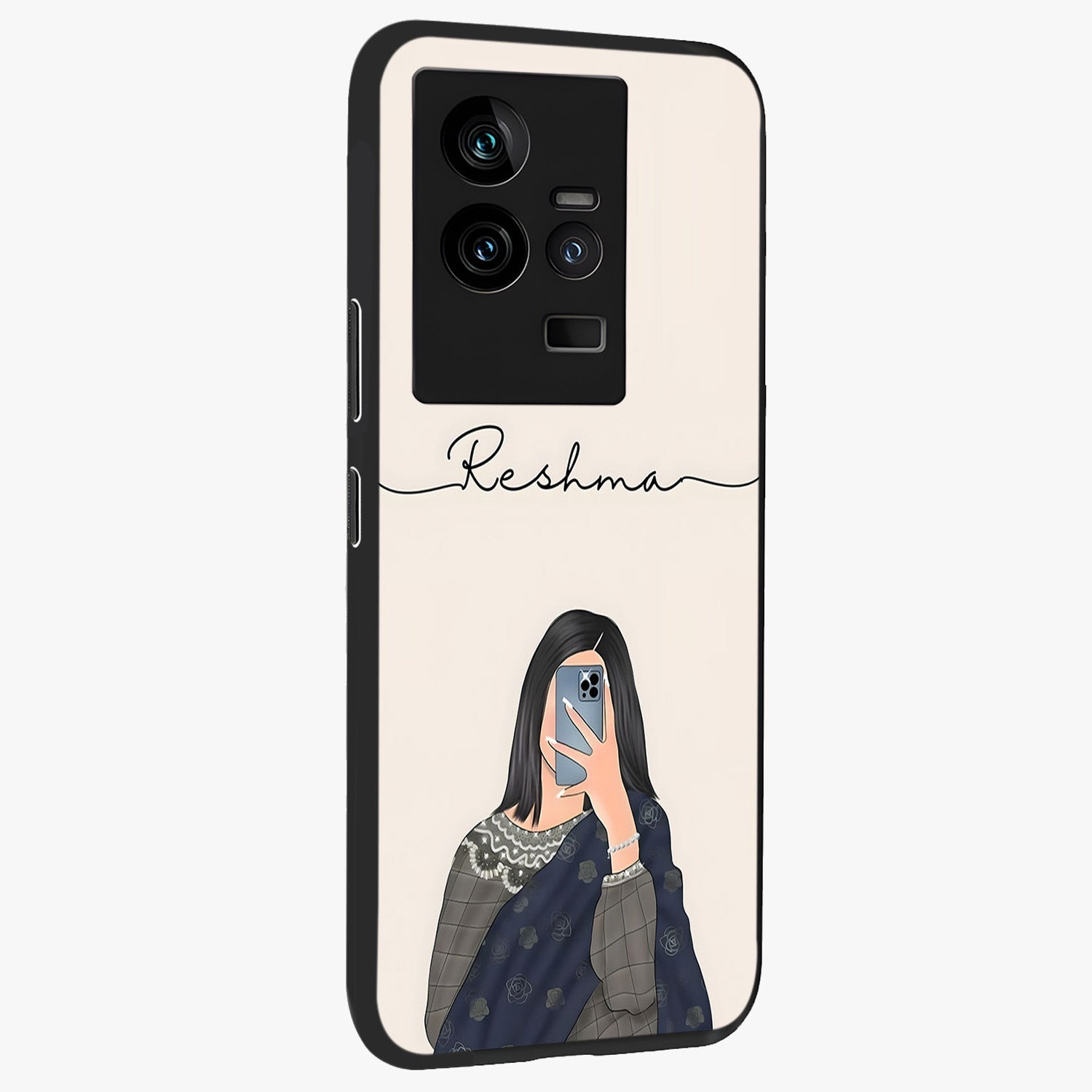 Mirror Mood Muse With Custom Name Glass Case upright view showcasing artistic mirror themed artwork with personalized aesthetic.