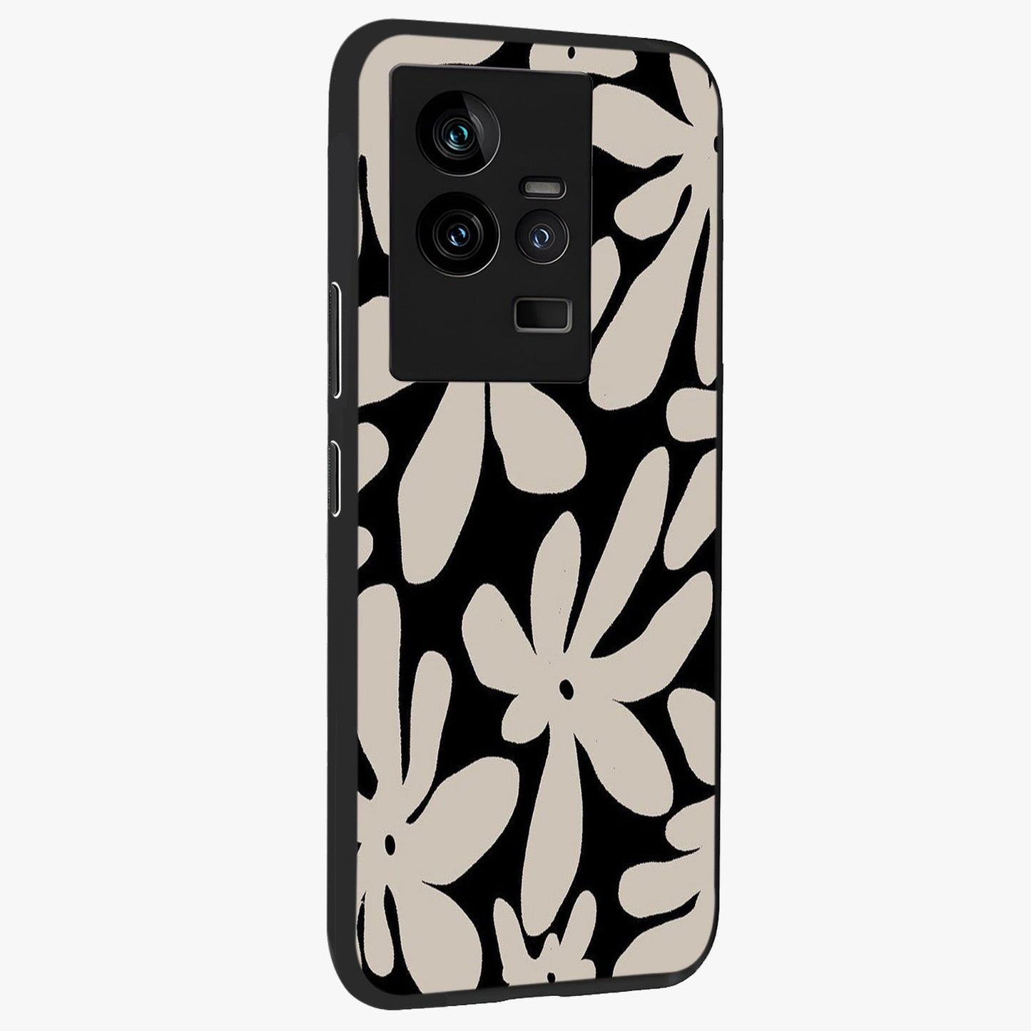 Monochrome Petal Dance Glass Case upright view showcasing artistic floral pattern with stylish monochrome theme.