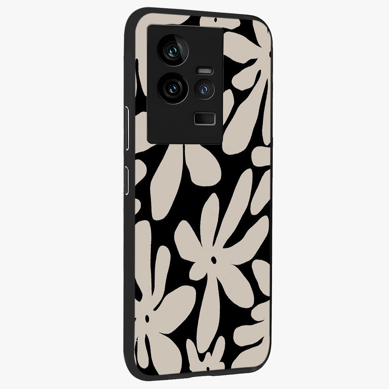 Monochrome Petal Dance Glass Case upright view showcasing artistic floral pattern with stylish monochrome theme.