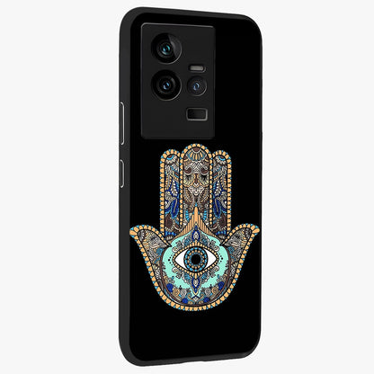 Mystic Hamsa Eye Glass Case upright view showcasing detailed hamsa eye artwork with protective spiritual theme.