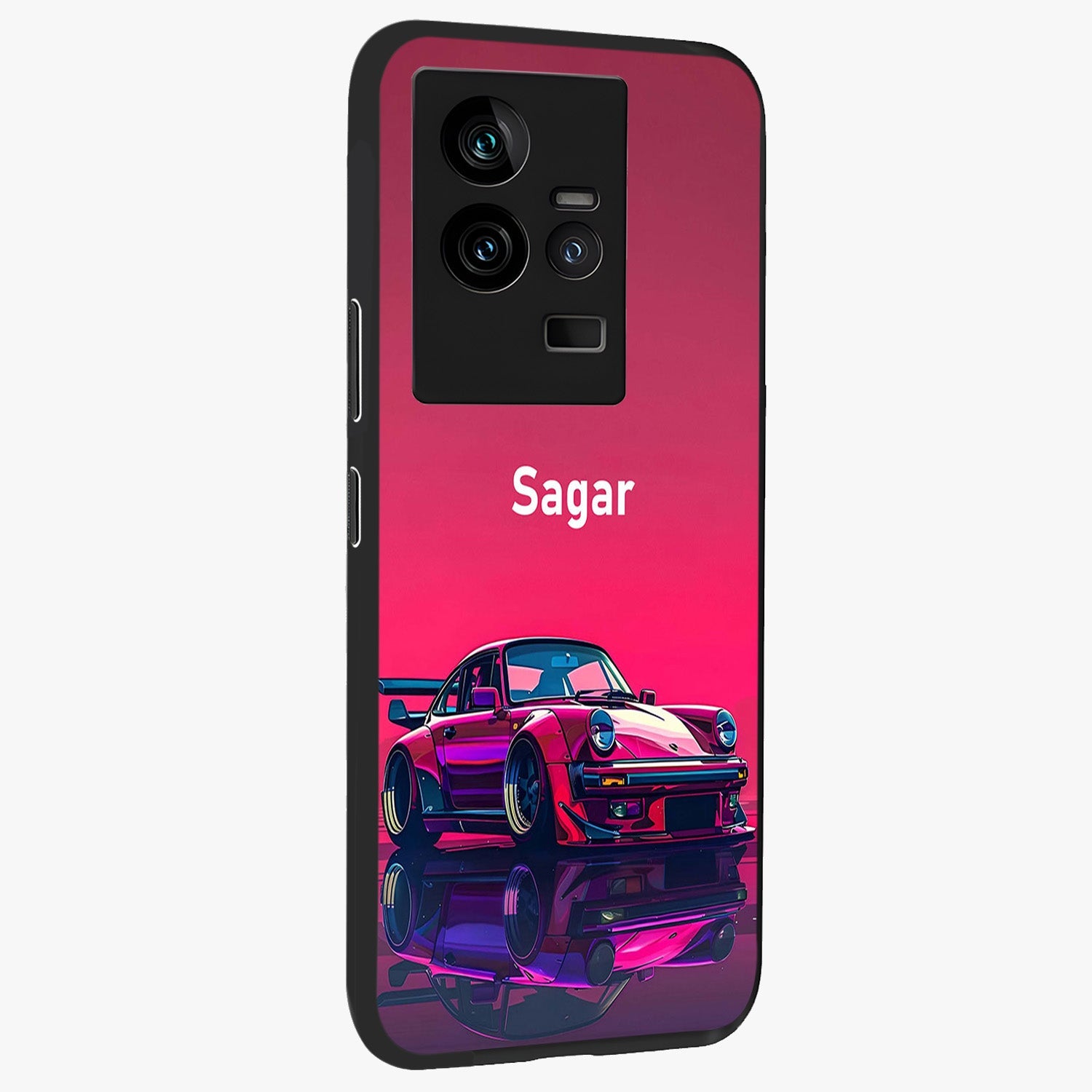 Neon Pink Porsche Glass Case upright view showcasing vibrant sports car artwork with bold automotive theme.
