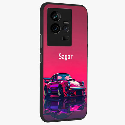 Neon Pink Porsche Glass Case upright view showcasing vibrant sports car artwork with bold automotive theme.