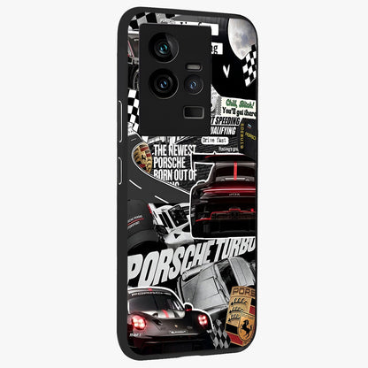 Porsche Racing Collage Glass Case upright view showcasing energetic car collage artwork with high speed racing theme.