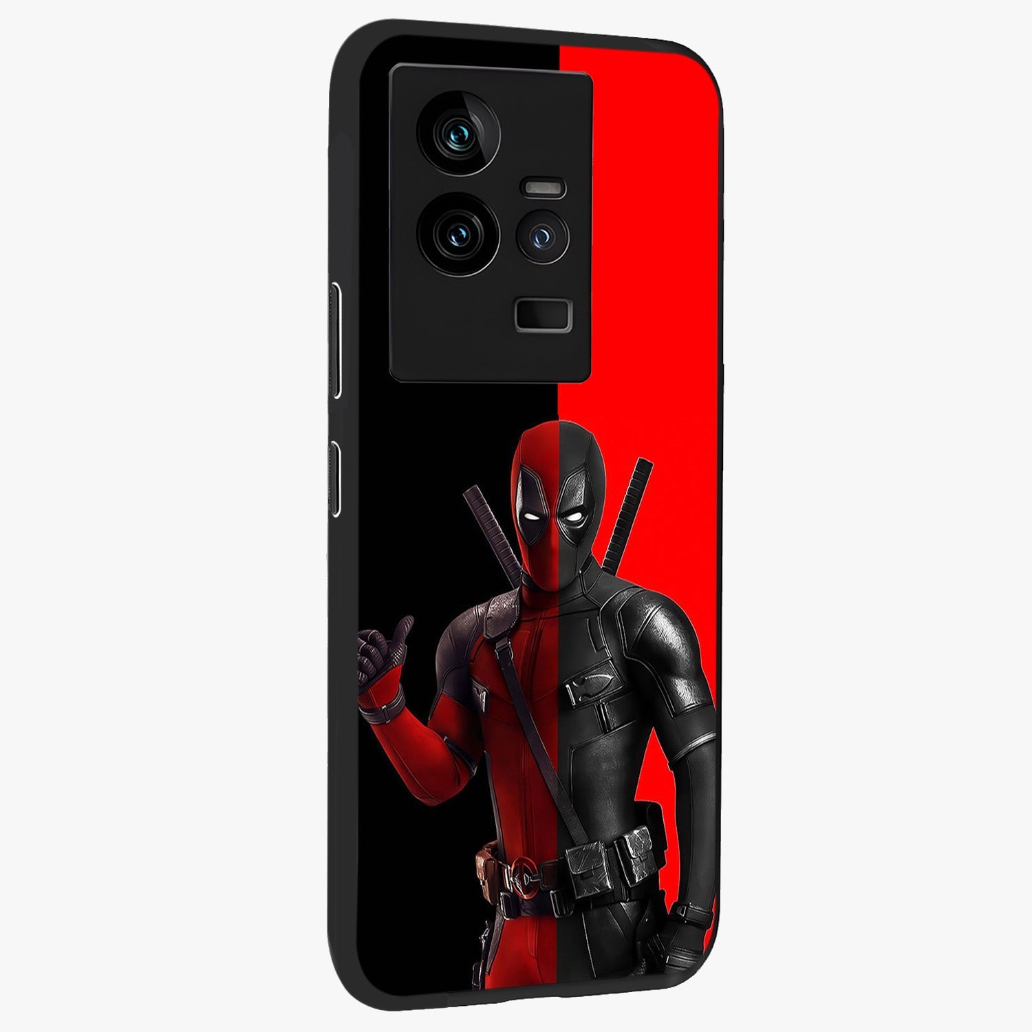 Red & Black Deadpool Theme Glass Case upright view showcasing energetic comic themed artwork with striking red and black design.