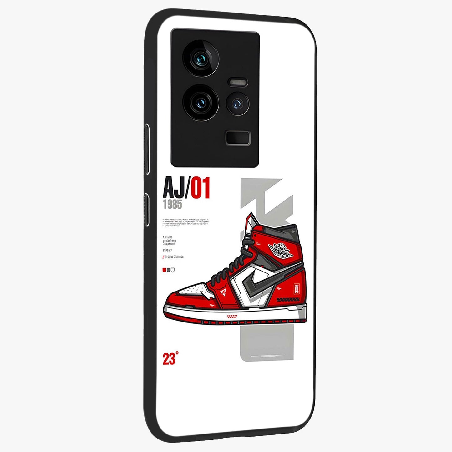 Retro Sneaker Blueprint Glass Case upright view showcasing stylish sneaker illustration with vintage streetwear theme.