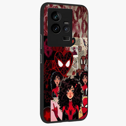 Spider Love Story Glass Case upright view showcasing charming superhero artwork with romantic comic theme.