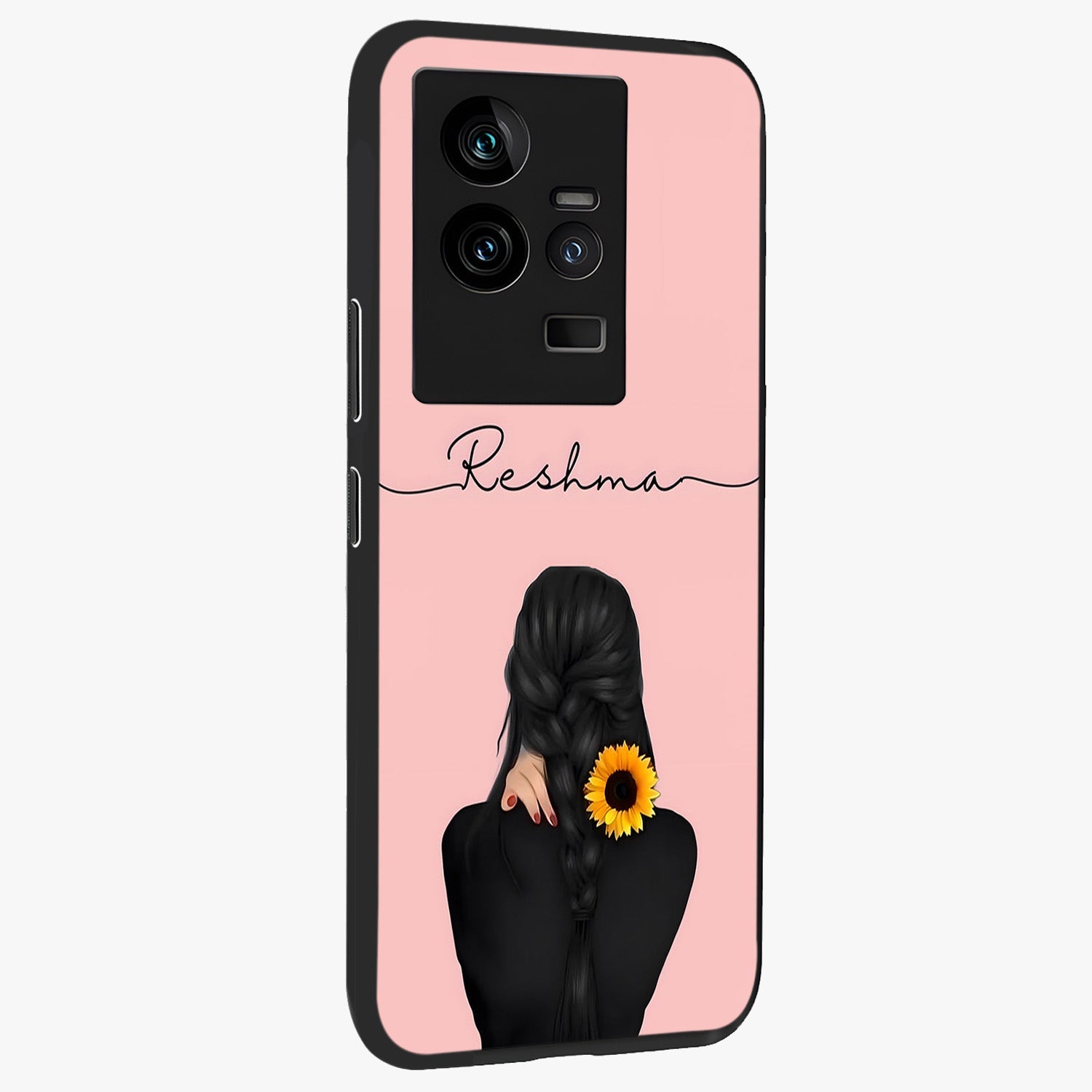 Sunflower Braid Beauty With Custom Name Glass Case upright view showcasing bright sunflower artwork with personalized floral aesthetic.
