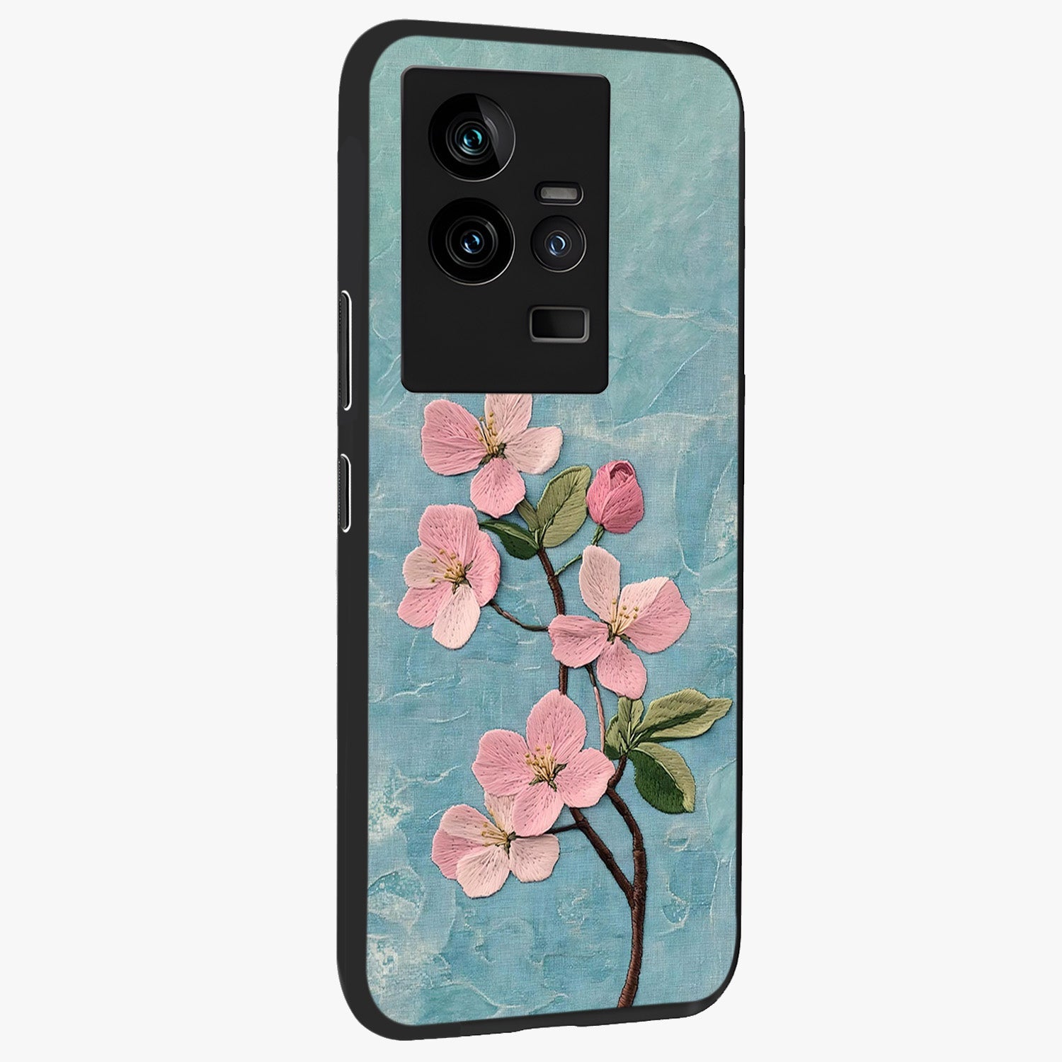 Threaded Blossom Breeze Glass Case upright view showcasing graceful flower artwork with calm botanical theme.