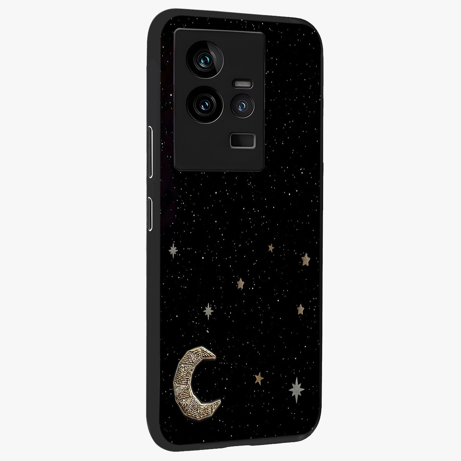 Twinkle Star With Half Moon Glass Case upright view showcasing glowing cosmic artwork with dreamy night theme.