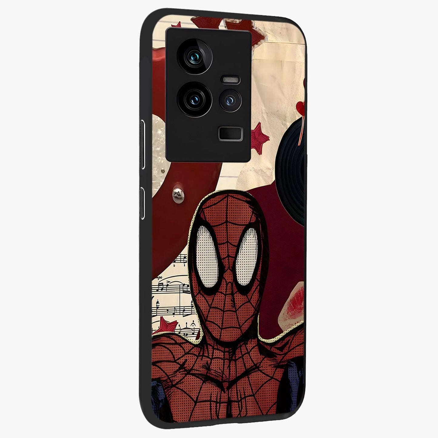Web Warrior Vibes Glass Case upright view showcasing energetic superhero artwork with bold action theme.