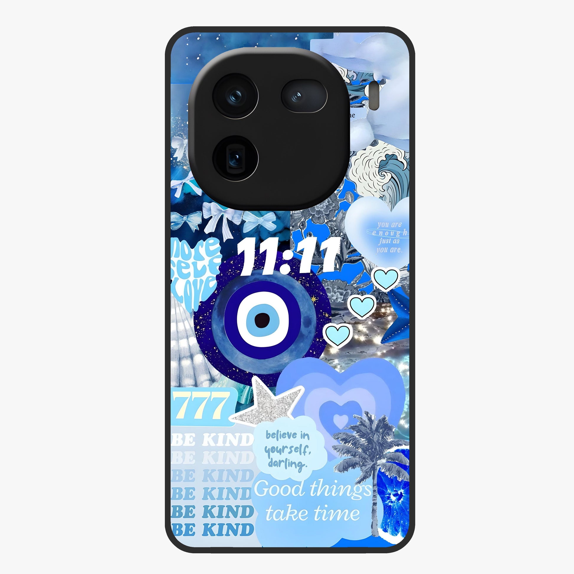 Aesthetic Be Kind Eye Glass Case showing flat back view with motivational eye artwork and glossy glass finish.