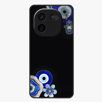 Aesthetic Blue Evil Eye Glass Case showing flat back view with protective evil eye artwork and glossy glass finish.