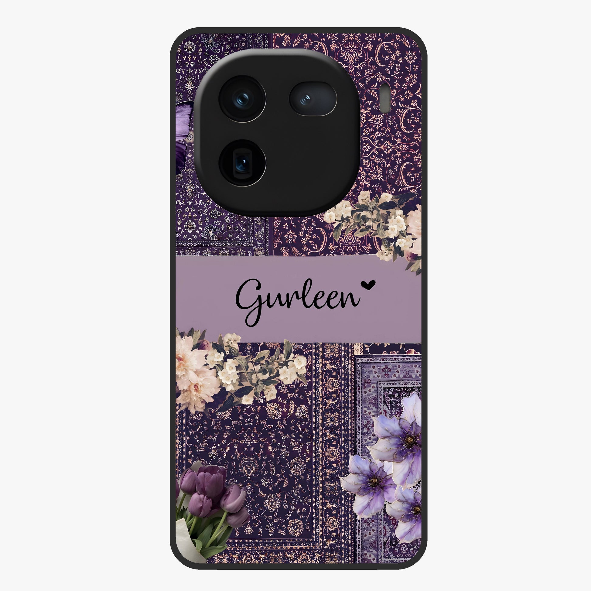 Antique Floral Whisper Custom Name Glass Case showing flat back view with vintage floral artwork and personalized name design.