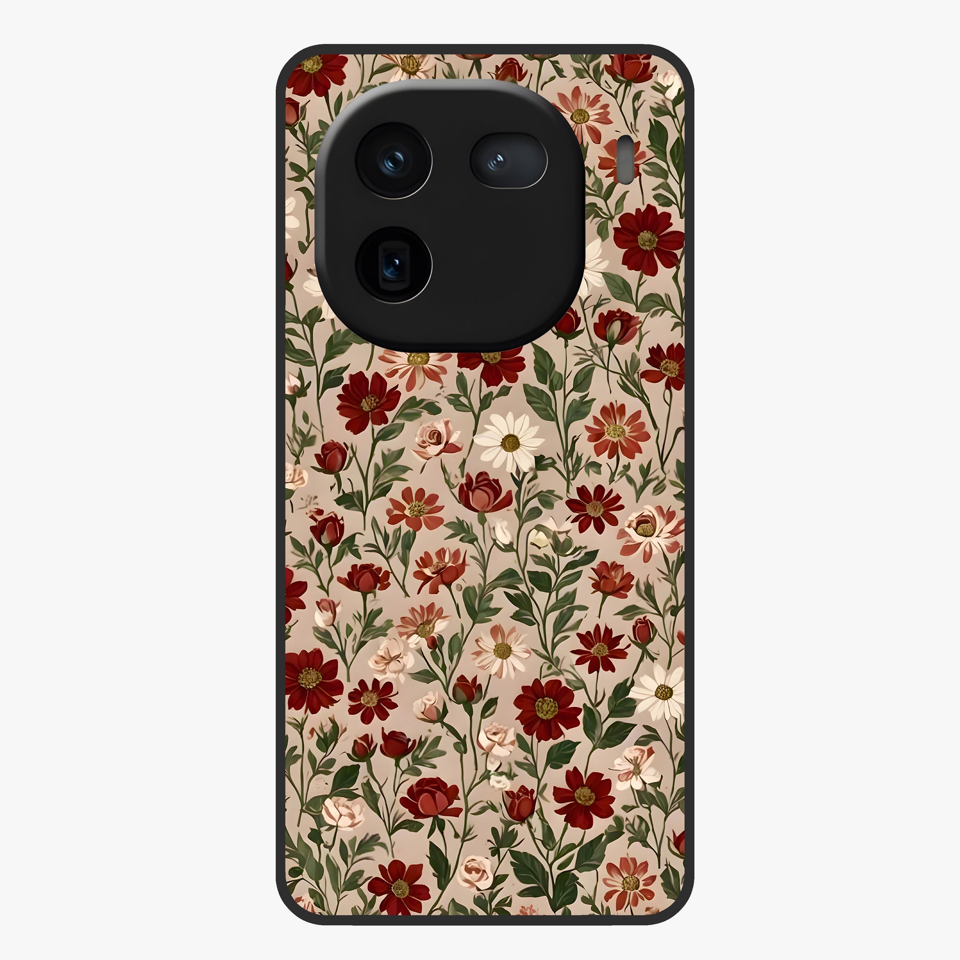 Biege Flower With Leaf Glass Case showing flat back view with soft beige floral artwork and glossy glass finish.