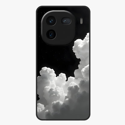 Black Background With White Cloud Glass Case showing flat back view with minimal cloud artwork on dark background and glossy glass finish.