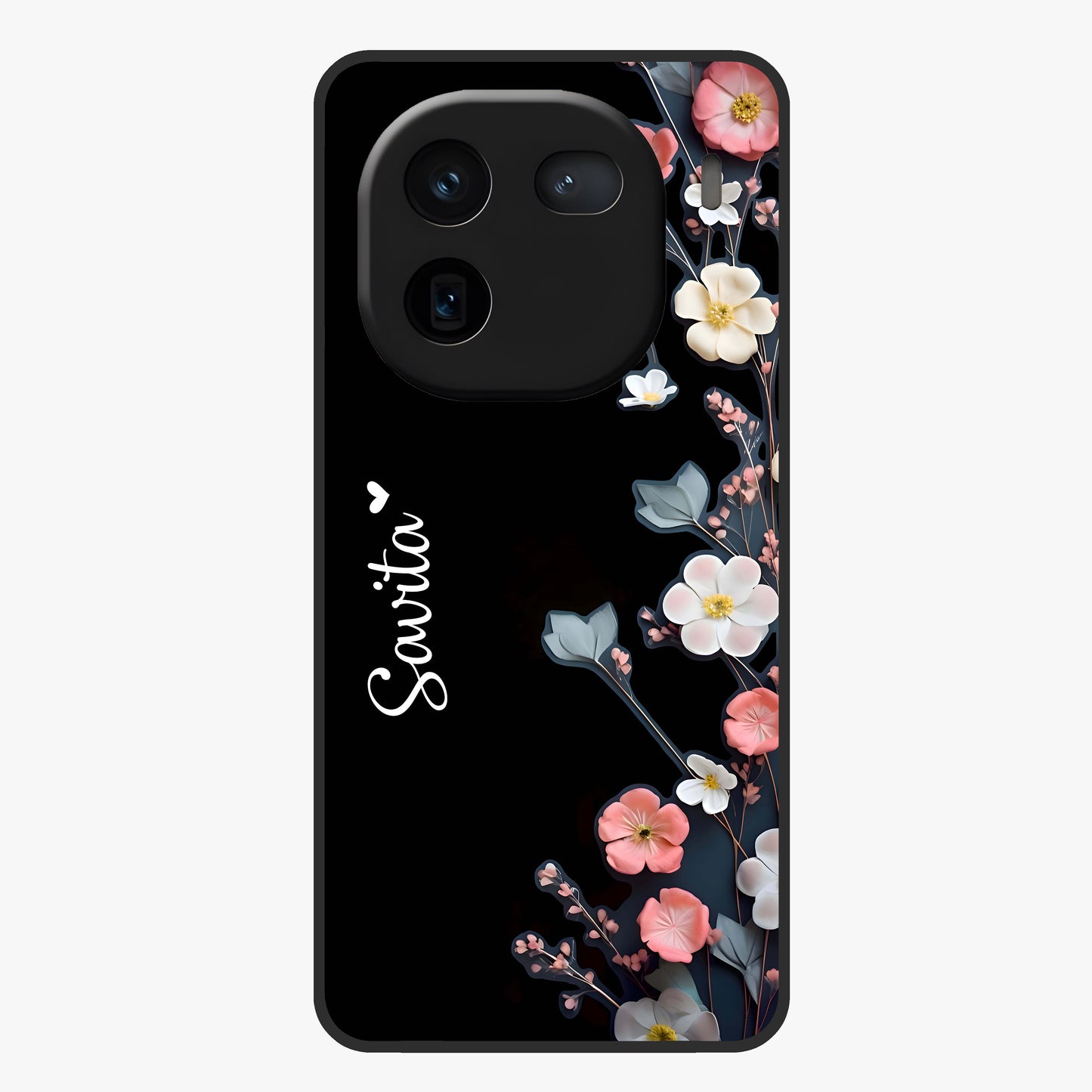 Black Elegance Floral Custom Name Glass Case showing flat back view with elegant floral artwork and personalized name design.