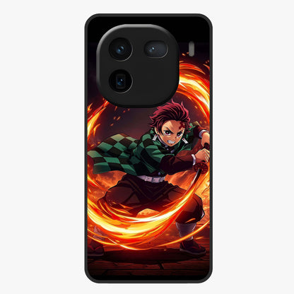 Blazing Sword Resolve Glass Case showing flat back view with fiery sword artwork and glossy glass finish.