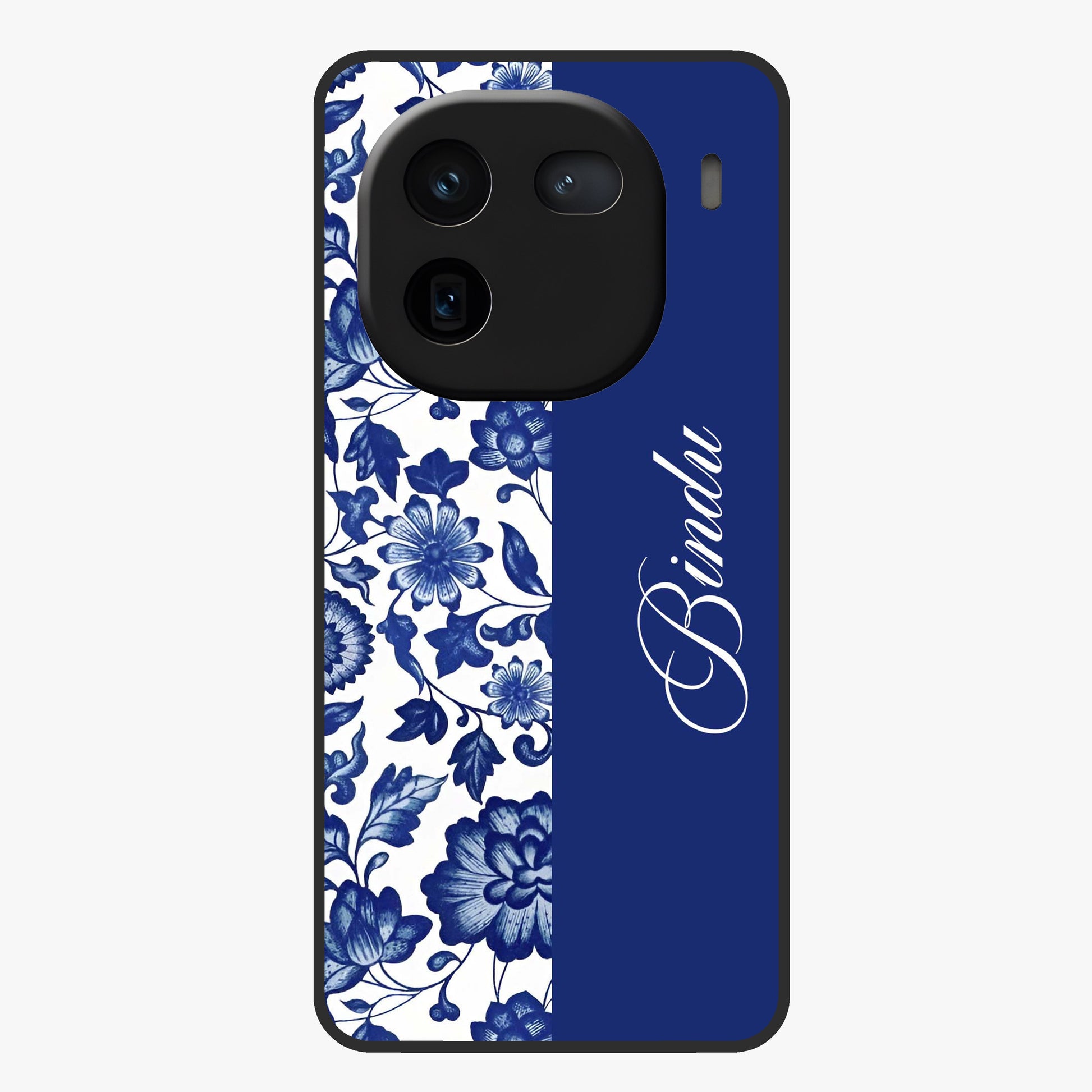 Blue Vintage Floral Pattern Glass Case upright view showcasing timeless floral illustration with vintage inspired style.