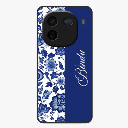 Blue Vintage Floral Pattern Glass Case upright view showcasing timeless floral illustration with vintage inspired style.