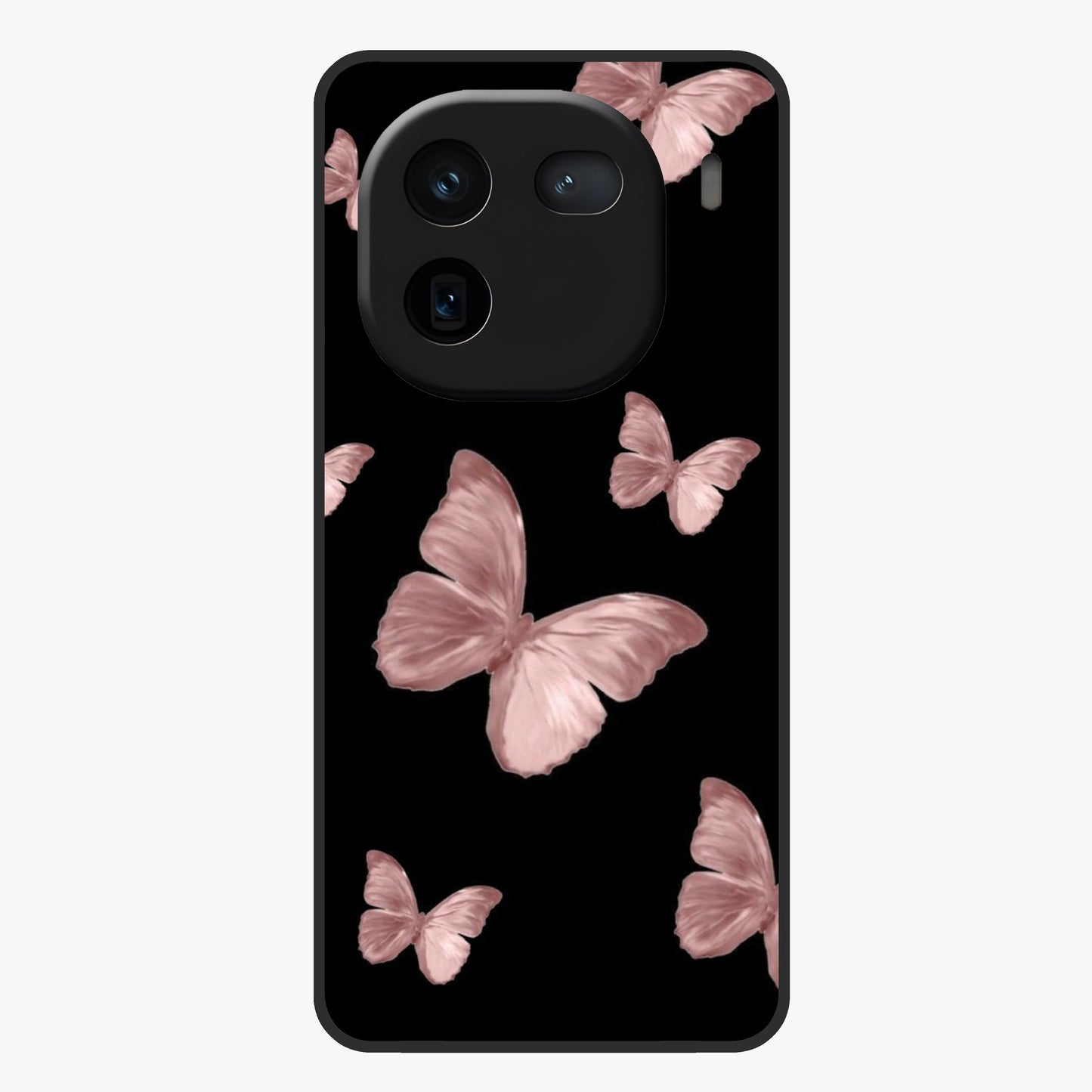 Butterfly Pattern Glass Case showing flat back view with elegant butterfly pattern artwork and glossy glass finish.