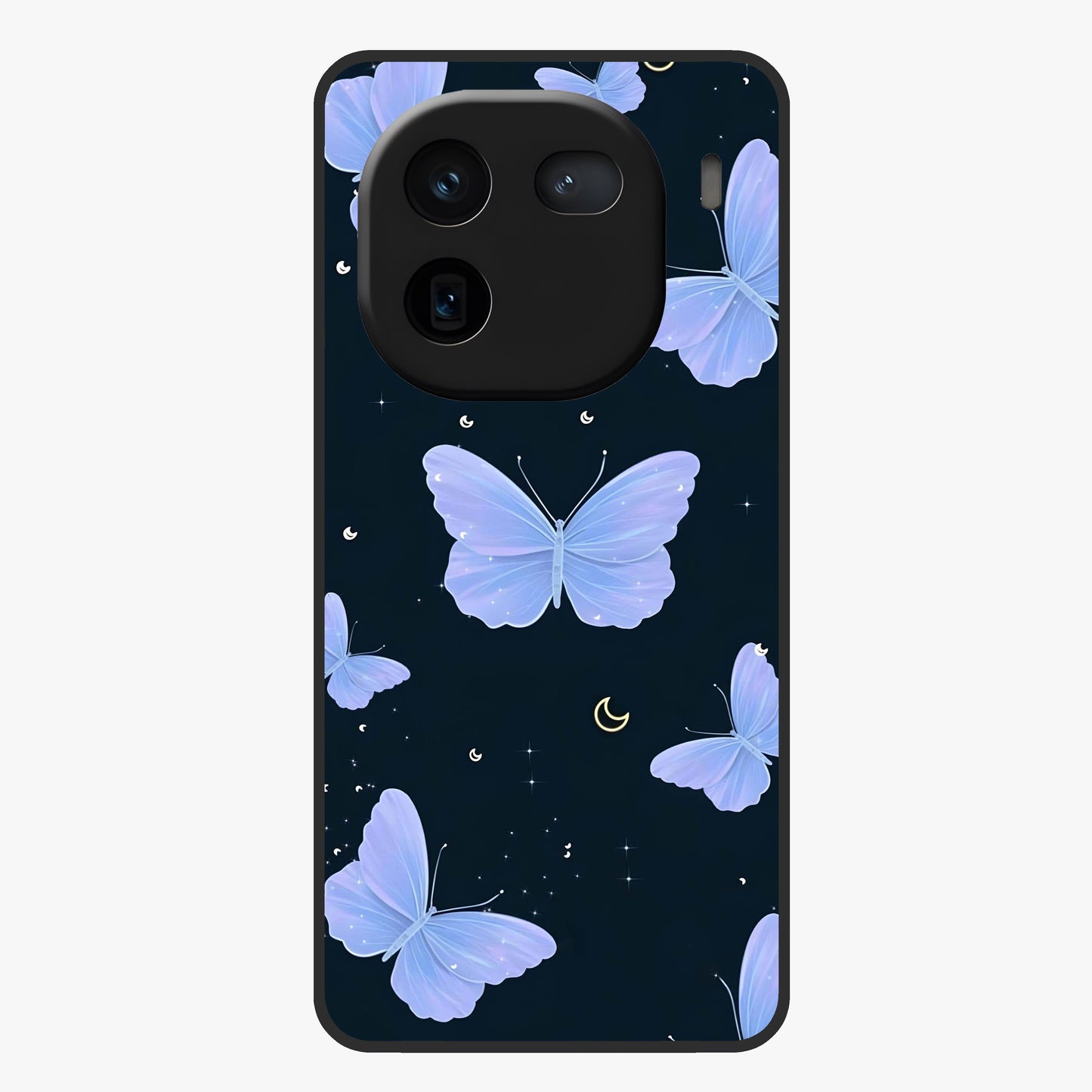 Butterfly With Stars Pattern Glass Case showing flat back view with butterfly and star pattern artwork and glossy glass finish.